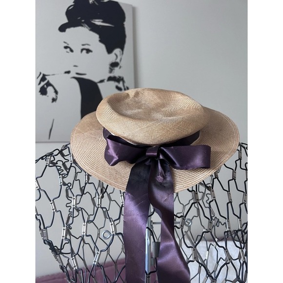 Vintage Woven Straw Boater Hat Purple Satin Ribbon Bow Kentucky Derby Sun Hat main image 5
